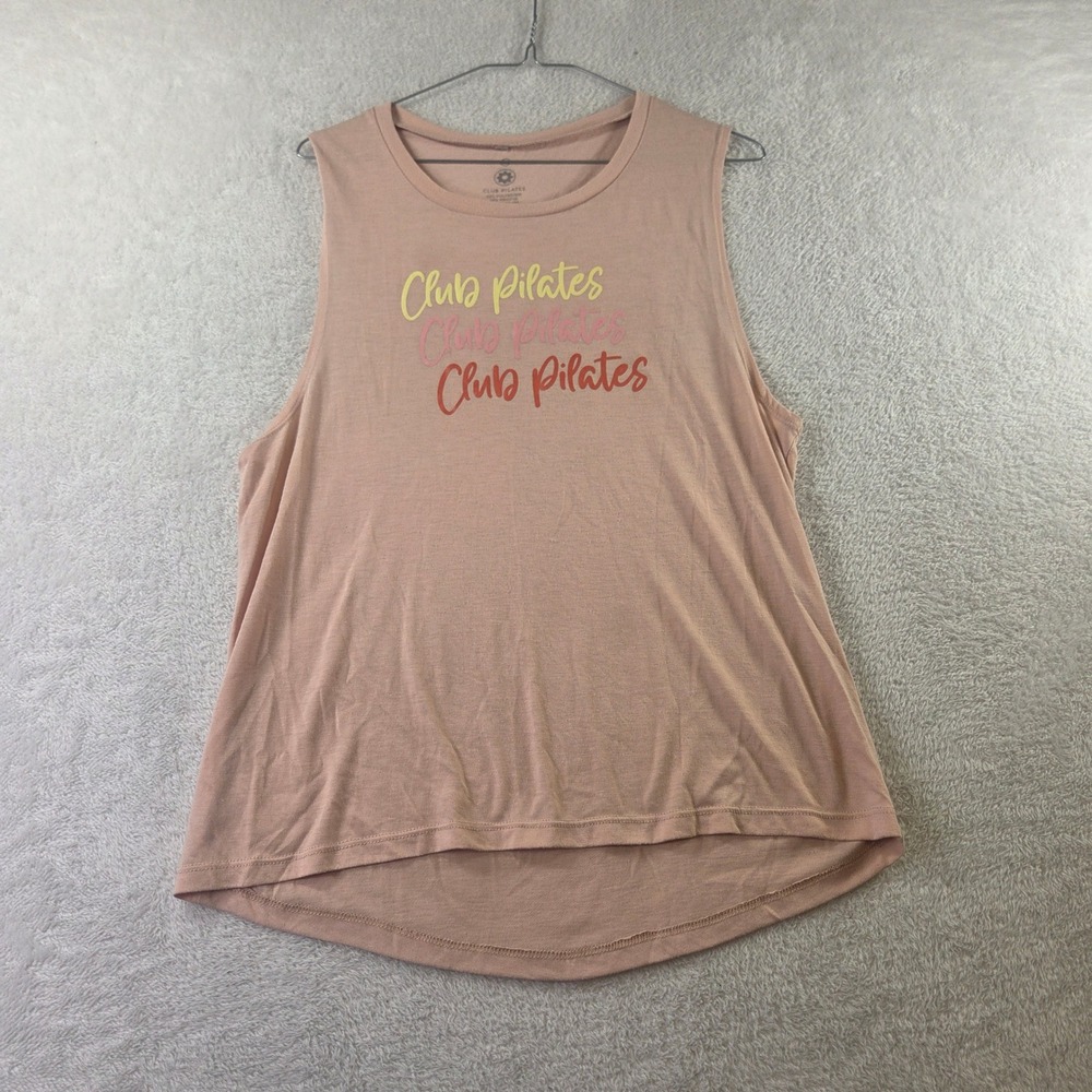 Club Pilates Womens XL Peach Graphic Muscle Tank Top Sleeveless High Low Hem